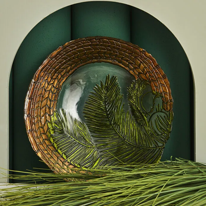 Karaca Home Hawaii Glass Decorative Plate 33 cm Palm Leaf Bronze Border