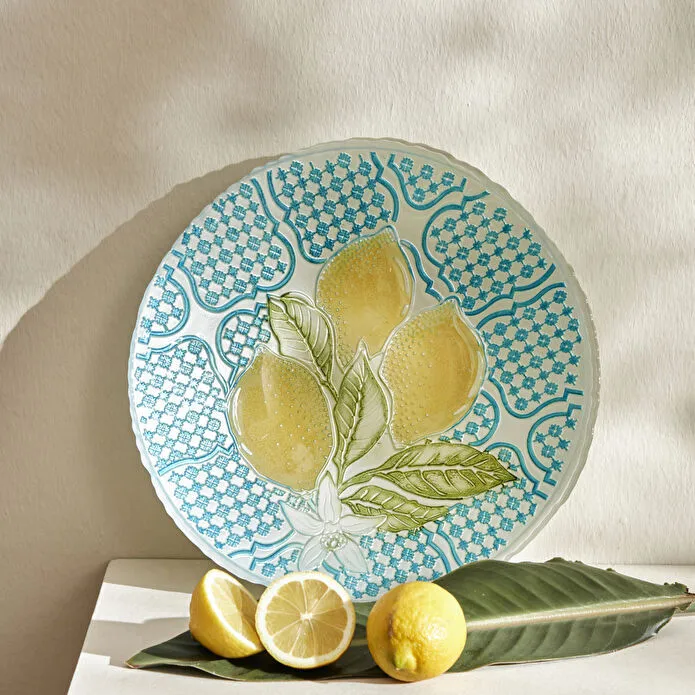 Karaca Home Lemon Decorative Plate 32 cm Glass Yellow Turquoise Pattern