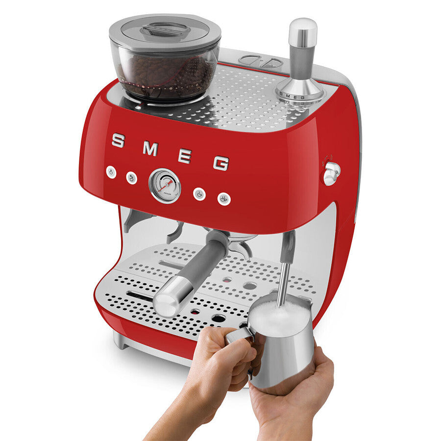 Smeg EGF03 Manual Espresso Machine Built-In Grinder 15 Bar Steam Wand Red