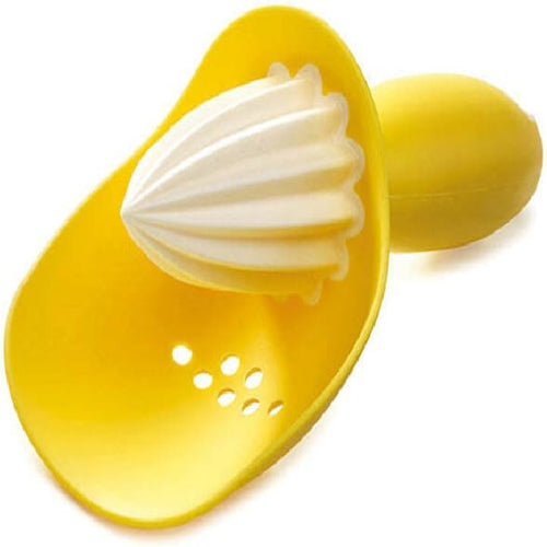 Yellow citrus juicer with white interior on a white background