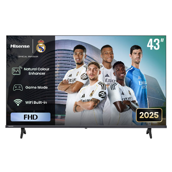 43-inch TV screen displaying a sports team with branding and features.