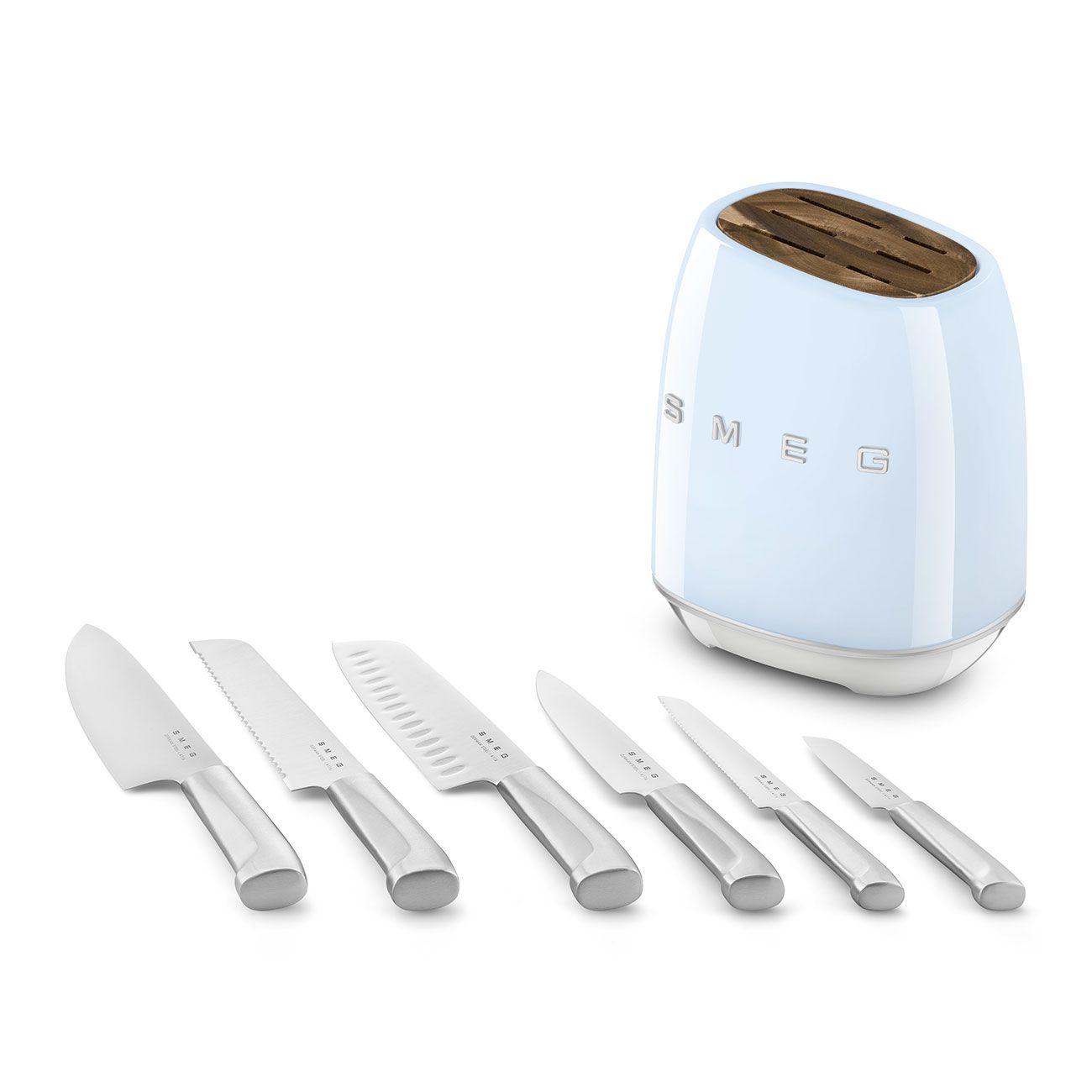 Smeg 50s Style 6 Piece Knife Block Set Pastel Blue German Steel KBSF02
