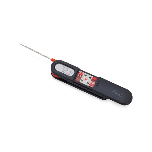 Digital thermometer with a probe on a white background