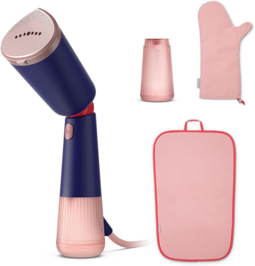 Set of kitchen tools including a handheld steamer, pink bottle, oven mitt, and pot holder on a white background.