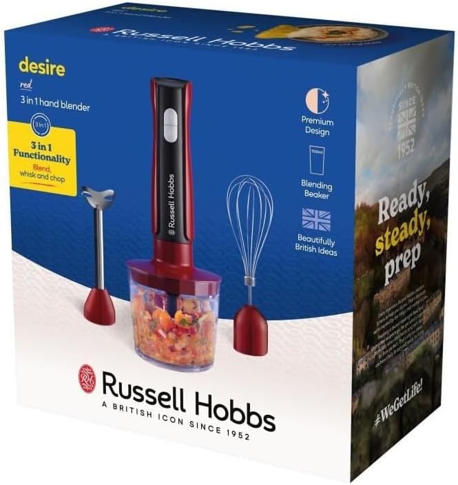 Russell Hobbs Desire 3-in-1 Hand Blender Red Electric Chopper Set