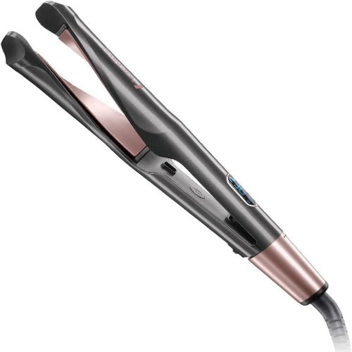 Hair straightener with rose gold accents on a white background