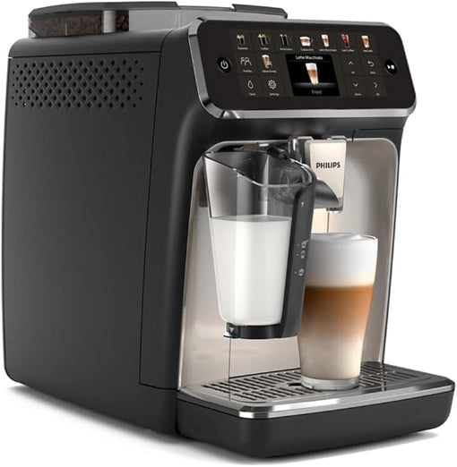 Philips coffee machine with a glass carafe and two cups of coffee on a white background