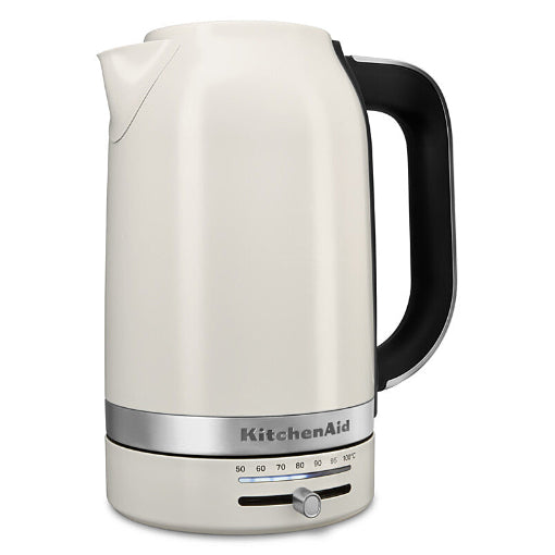 White KitchenAid kettle with black handle on a white background