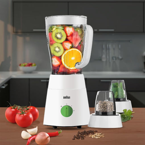 Braun Powerblend 1 Blender 500W 3-In-1 Set 1.5L Jug Chopper Grinder Jb0123 White
