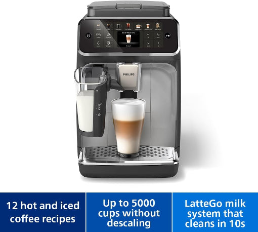 Philips coffee machine with a glass of milk and a cup of coffee on a white background