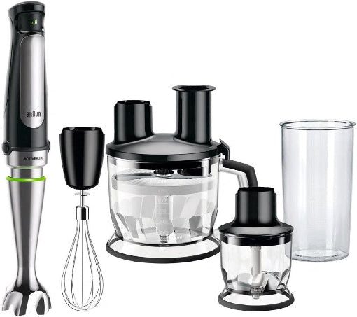 Braun Multiquick 7 hand blender set with attachments including a whisk, chopping bowl, and beaker, predominantly in black color.