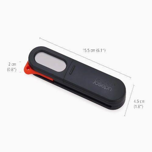 Black kitchen tool with red accents and 'Joseph' branding, shown with measurements on a white background.