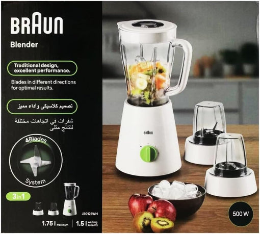 Braun Powerblend 1 Blender 500W 3-In-1 Set 1.5L Jug Chopper Grinder Jb0123 White