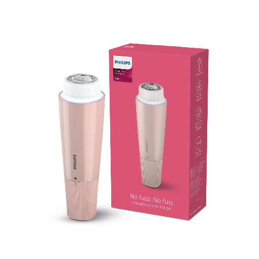 Philips facial trimmer for women in gold color, with hypoallergenic blades, displayed next to its pink packaging box.