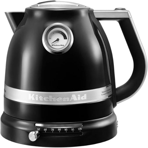 Black KitchenAid kettle with silver accents on a white background