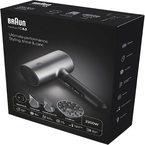 Braun hair dryer packaging with product illustration and branding