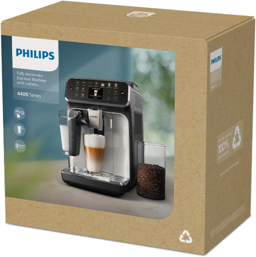 Philips 4400 Series Espresso Machine 12 Drinks LatteGo SilentBrew TFT Display