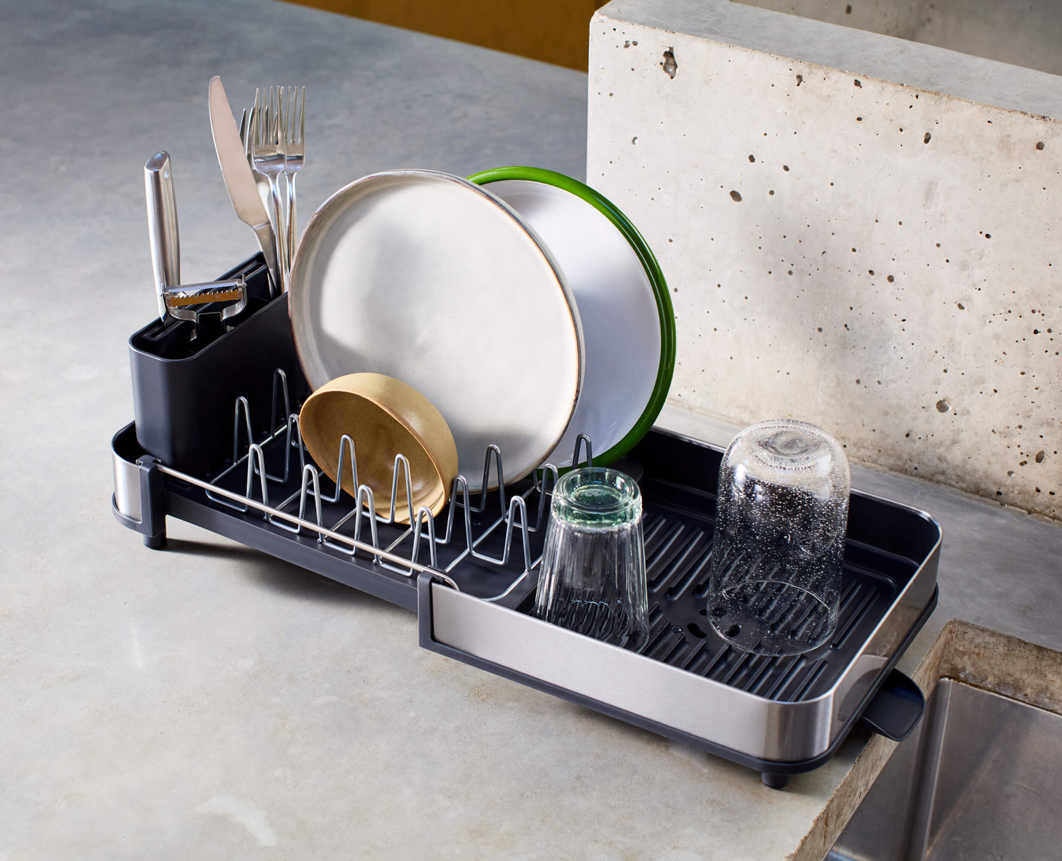 Joseph Joseph Extend Slim Steel Expandable Dish Drainer Grey Knife Slot