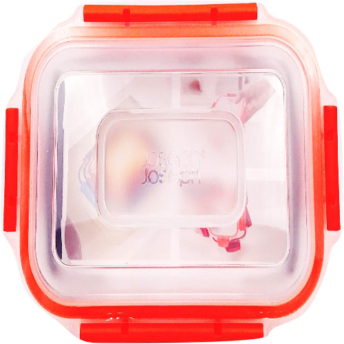Rectangular food container with red lid on a white background