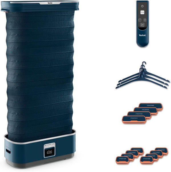 Tefal Care For You First automatic steamer in blue, with a remote control and multiple fabric brushes.