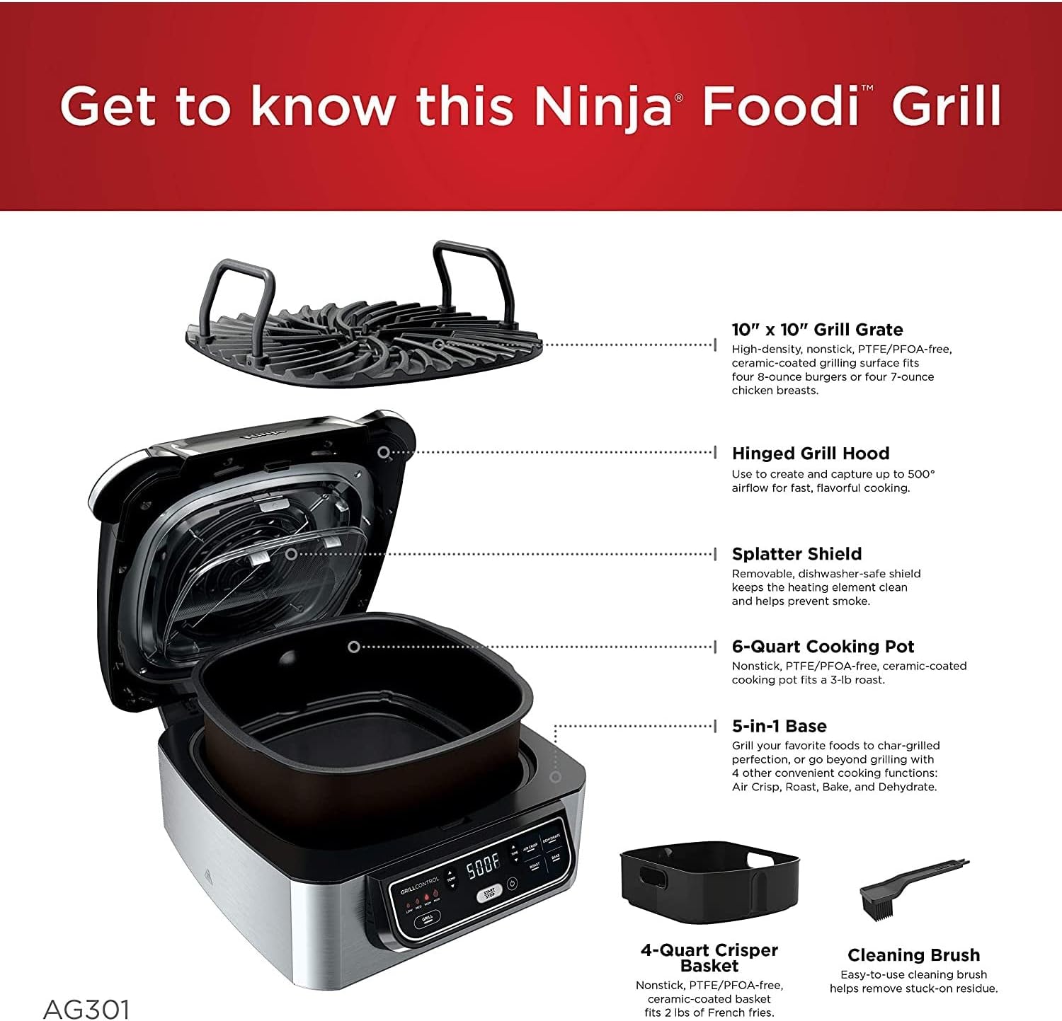 Ninja Foodi 5-In-1 Indoor Grill With Air Fry, Roast, Bake & Dehydrate, Black/Silver, 4-Quart Crisper Basket & 6-Quart Cooking Pot