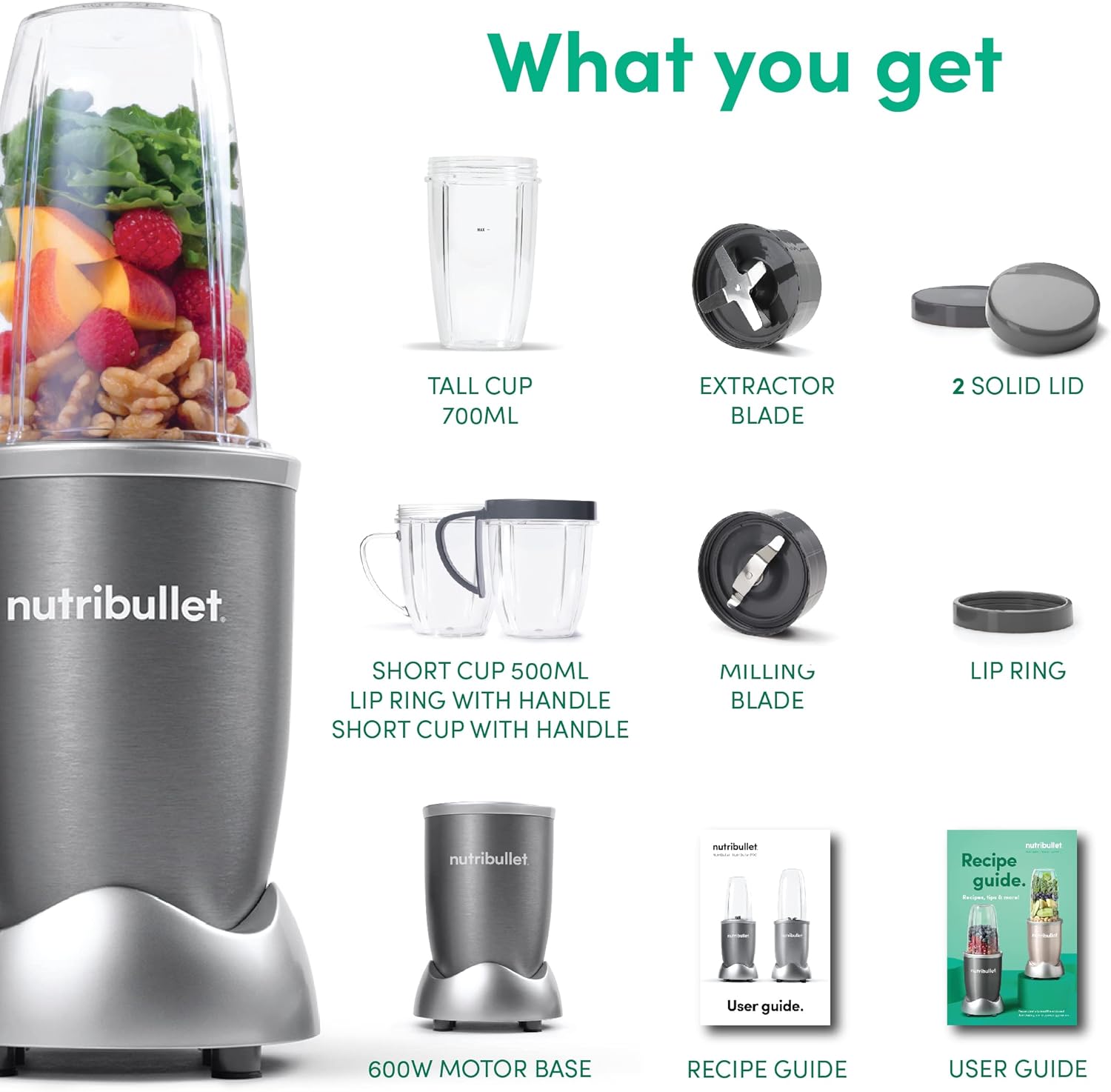 NutriBullet 600W Nutrient Extractor – 9 Piece Blender Set (Grey)