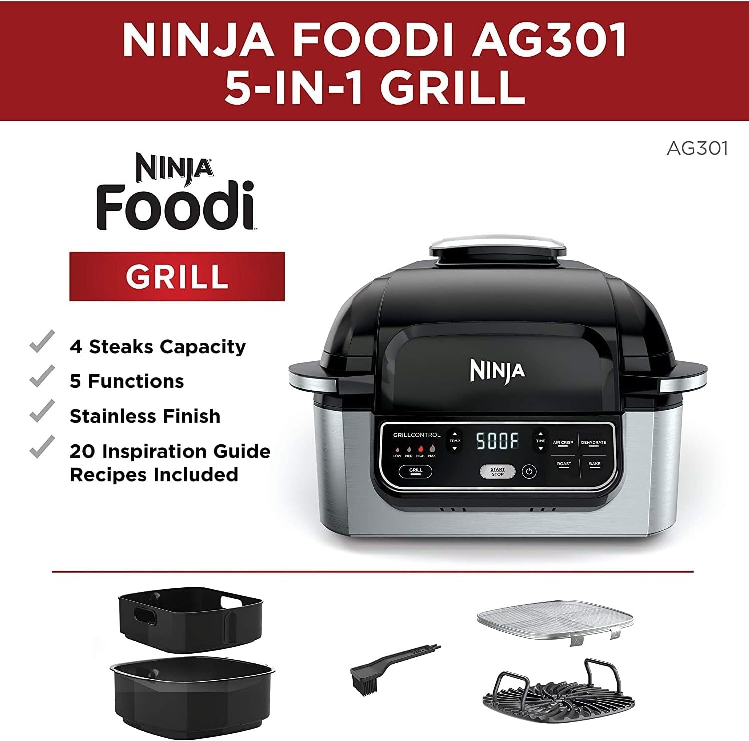 Ninja Foodi 5-In-1 Indoor Grill With Air Fry, Roast, Bake & Dehydrate, Black/Silver, 4-Quart Crisper Basket & 6-Quart Cooking Pot