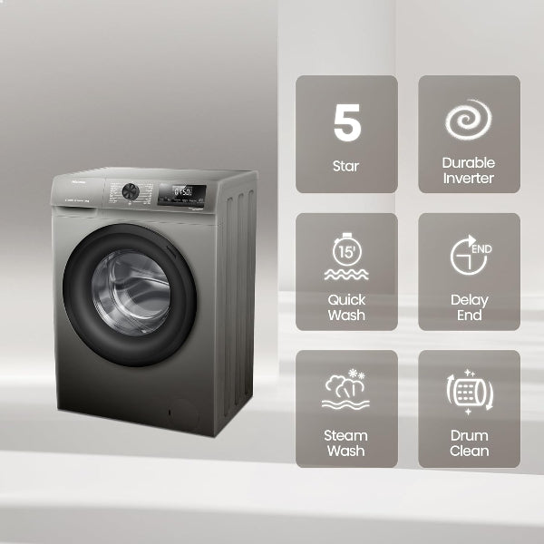 Hisense 8kg Front Load Washer 1200RPM Steam Wash Inverter Titanium Gray