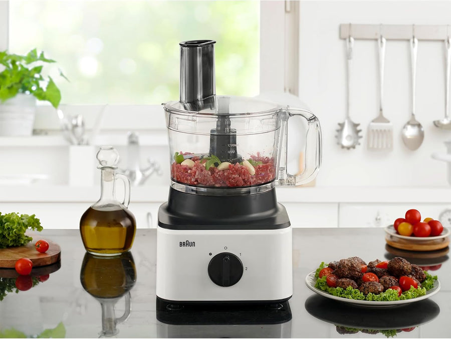Braun Food Processor 750W 2.1L Bowl 1.8L Blender Grate Whisk Mash White Set