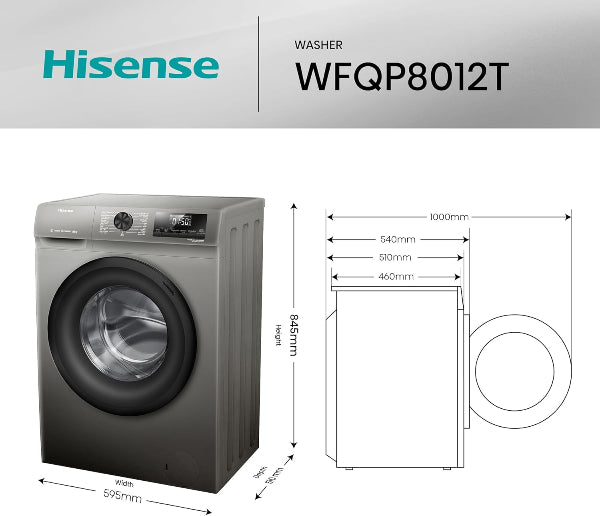 Hisense 8kg Front Load Washer 1200RPM Steam Wash Inverter Titanium Gray