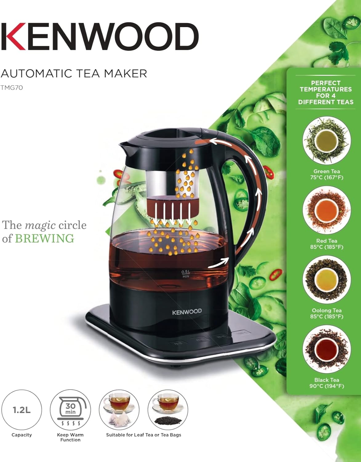 Kenwood Tea Maker TMG70.000CL 1.2L Glass Automatic Infuser 4 Temp Settings