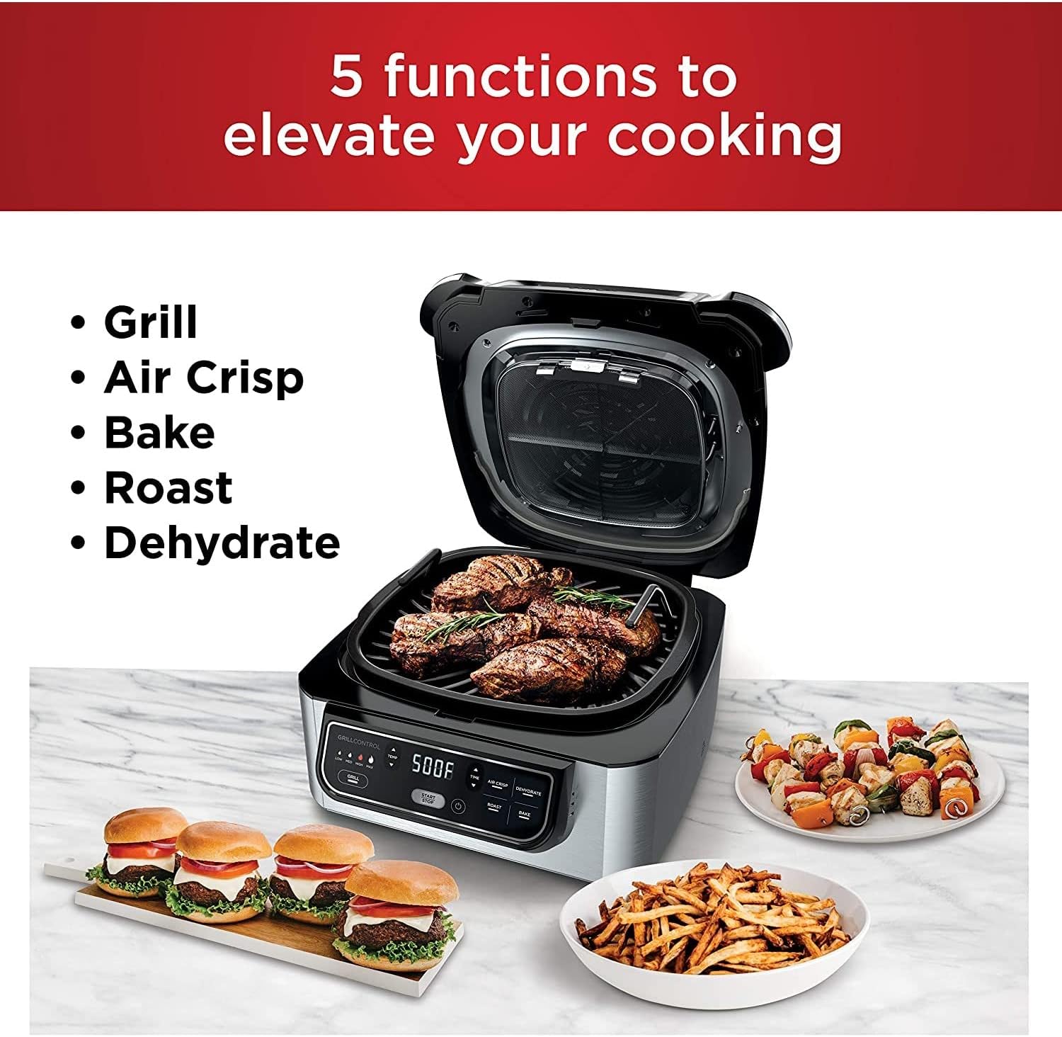 Ninja Foodi 5-In-1 Indoor Grill With Air Fry, Roast, Bake & Dehydrate, Black/Silver, 4-Quart Crisper Basket & 6-Quart Cooking Pot