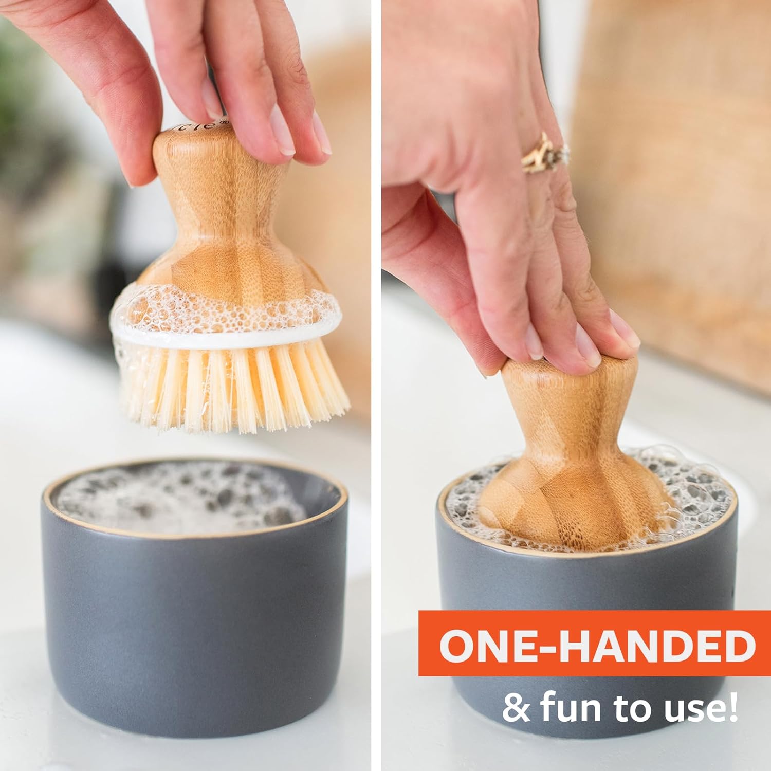 Full Circle Soap Holder with Dish Brush – Beige Eco Kitchen Tool