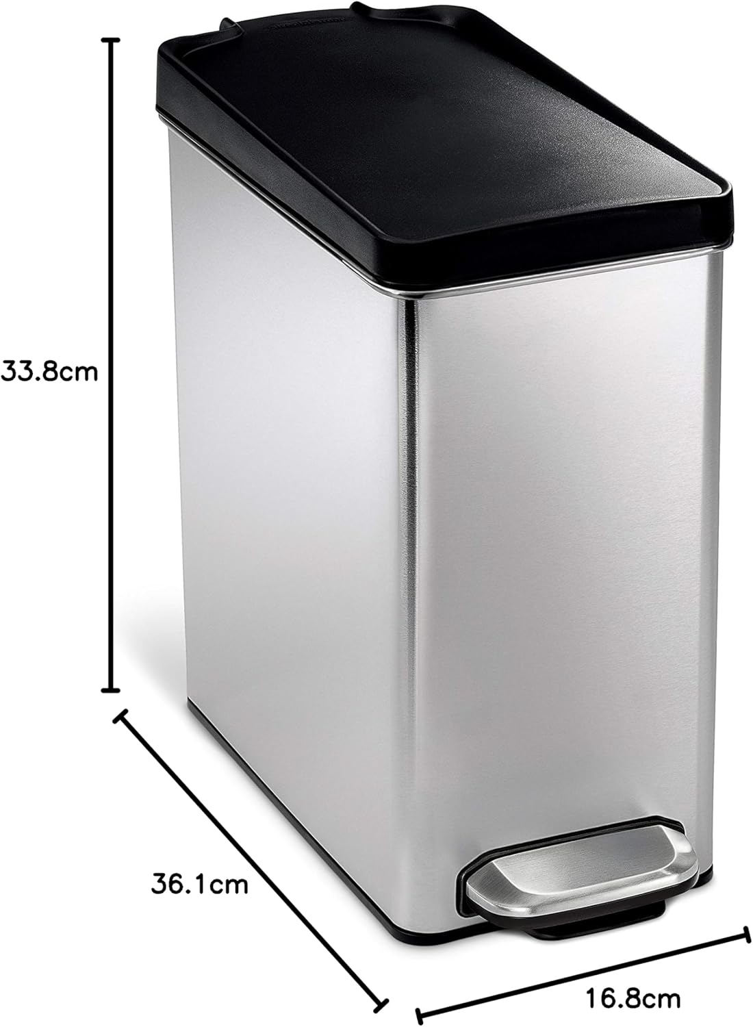 SimpleHuman CW1180CB 10L Slim Profile Pedal Bin – Brushed Steel & Black Lid
