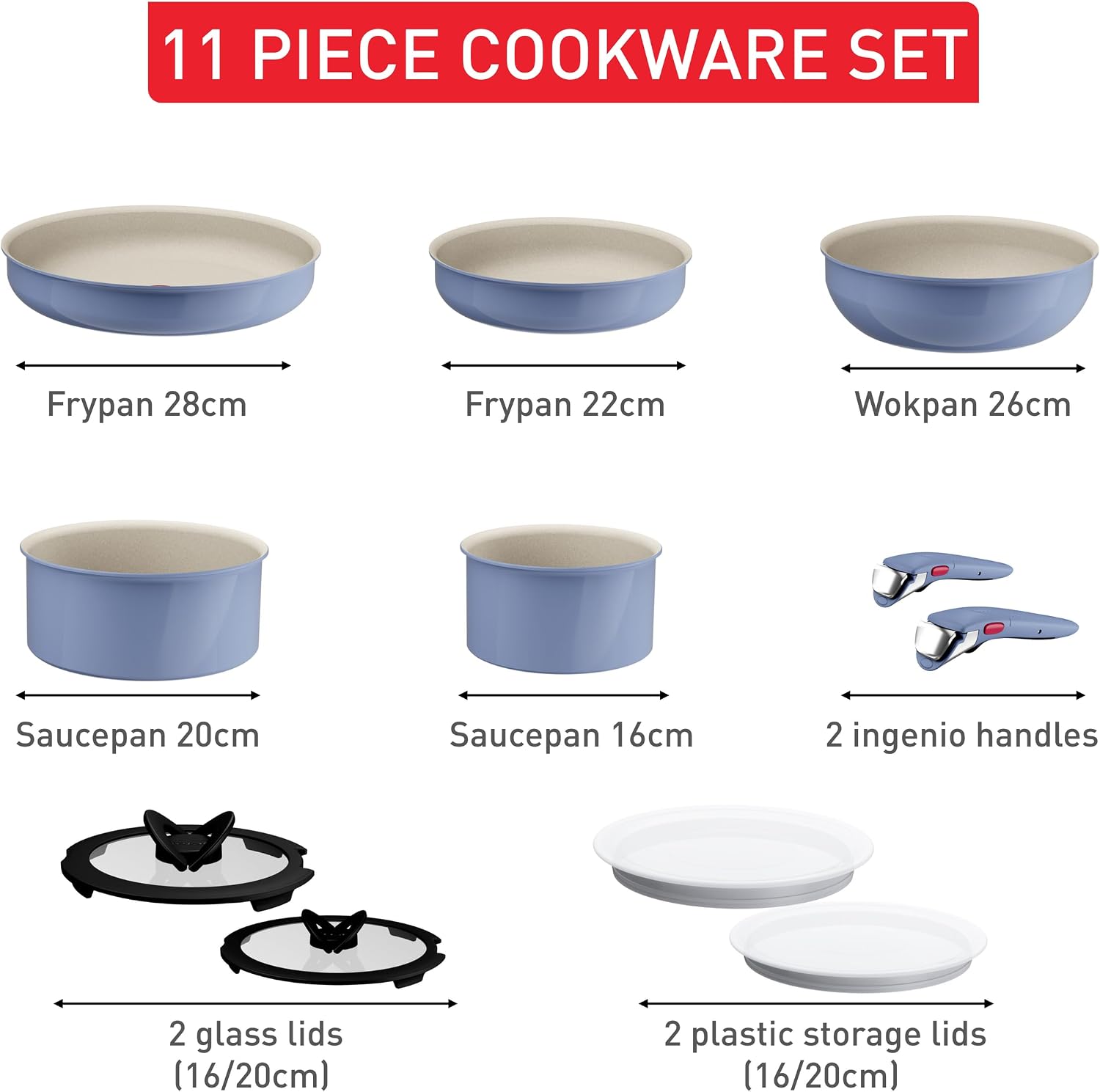 Tefal Ingenio Serenity 11-Piece Cookware Set Blue Stackable Wok Pan