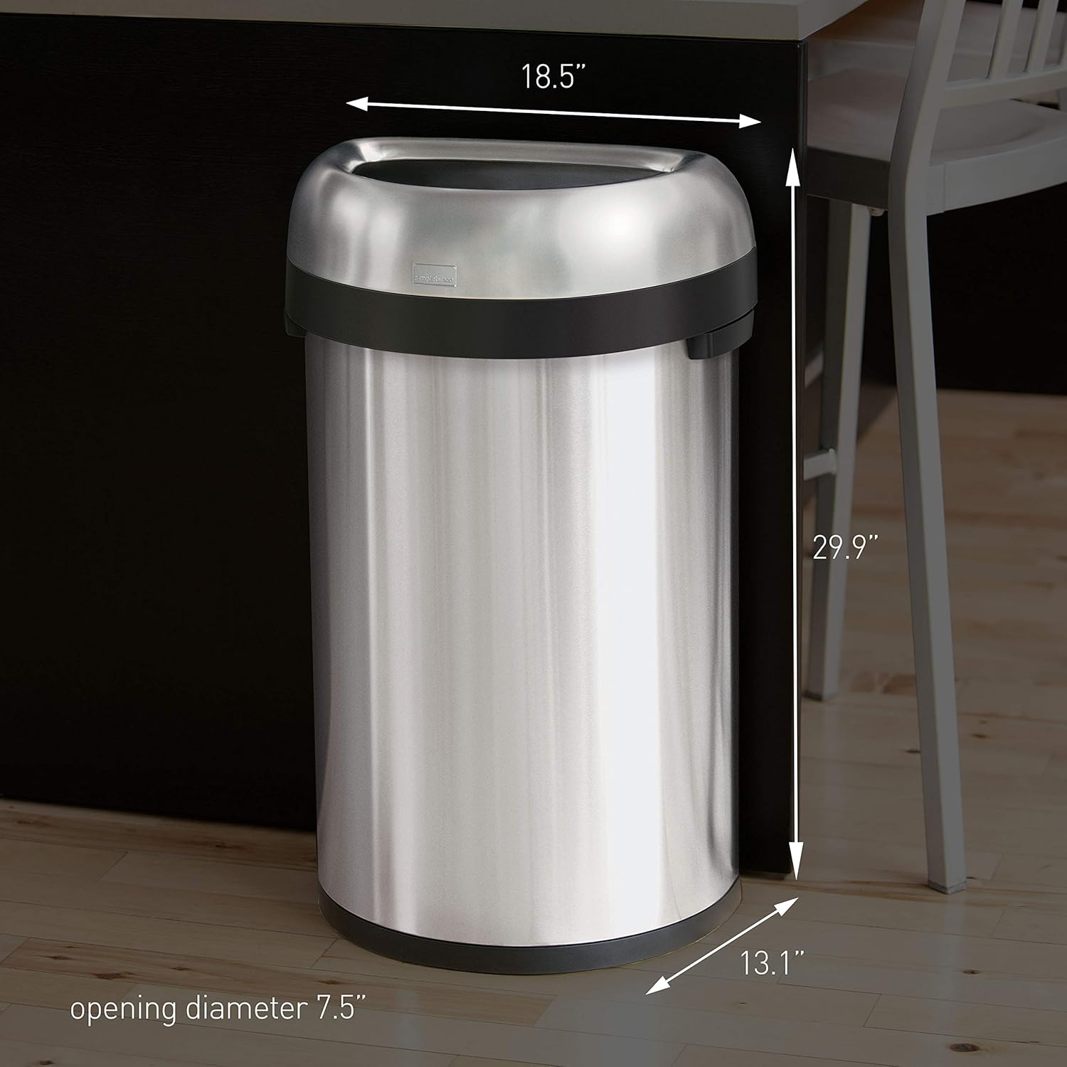 simplehuman 60L / 15.9 Gallon Semi-Round Open Top Trash Can – Brushed Stainless Steel