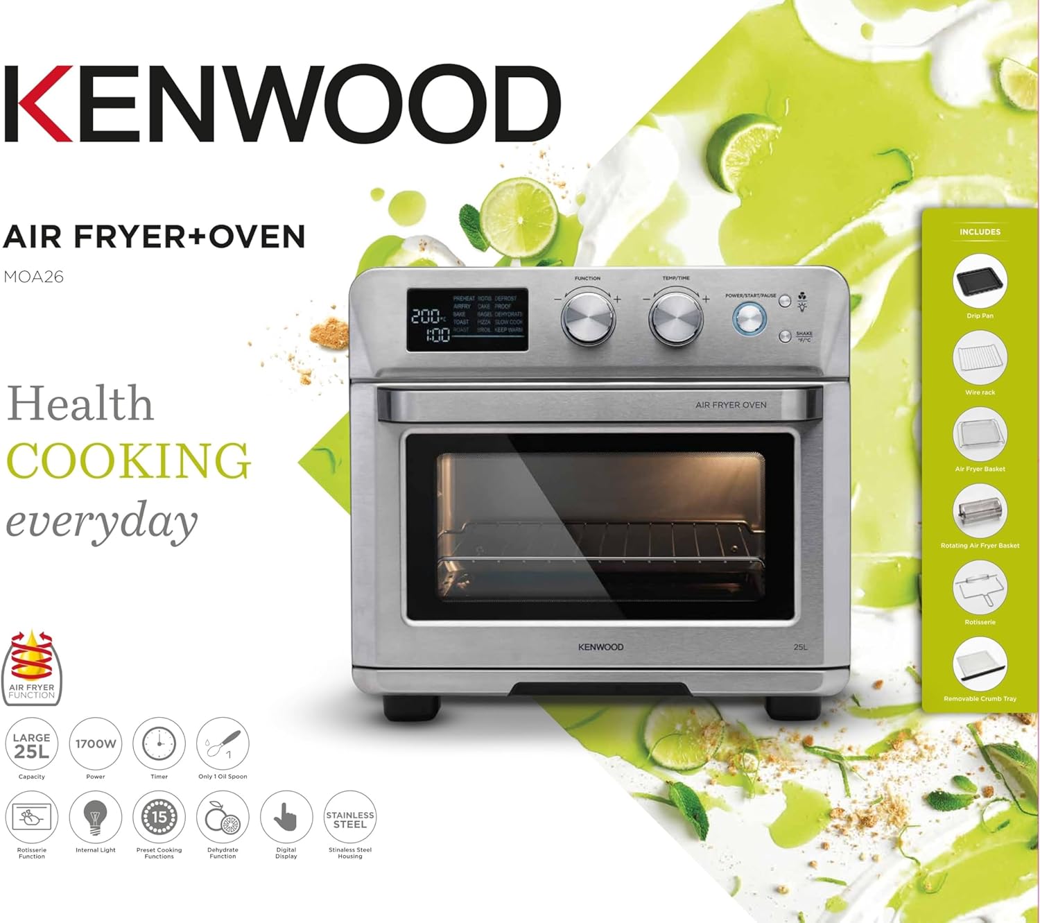 Kenwood Airfryer Oven MOA26.600SS 1700W 25L Rotisserie 15 Functions Digital