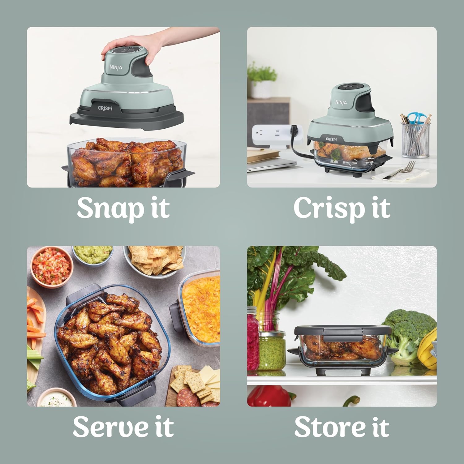 Ninja Crispi 4-in-1 Glass Air Fryer Non-Toxic 4QT Max Crisp Green