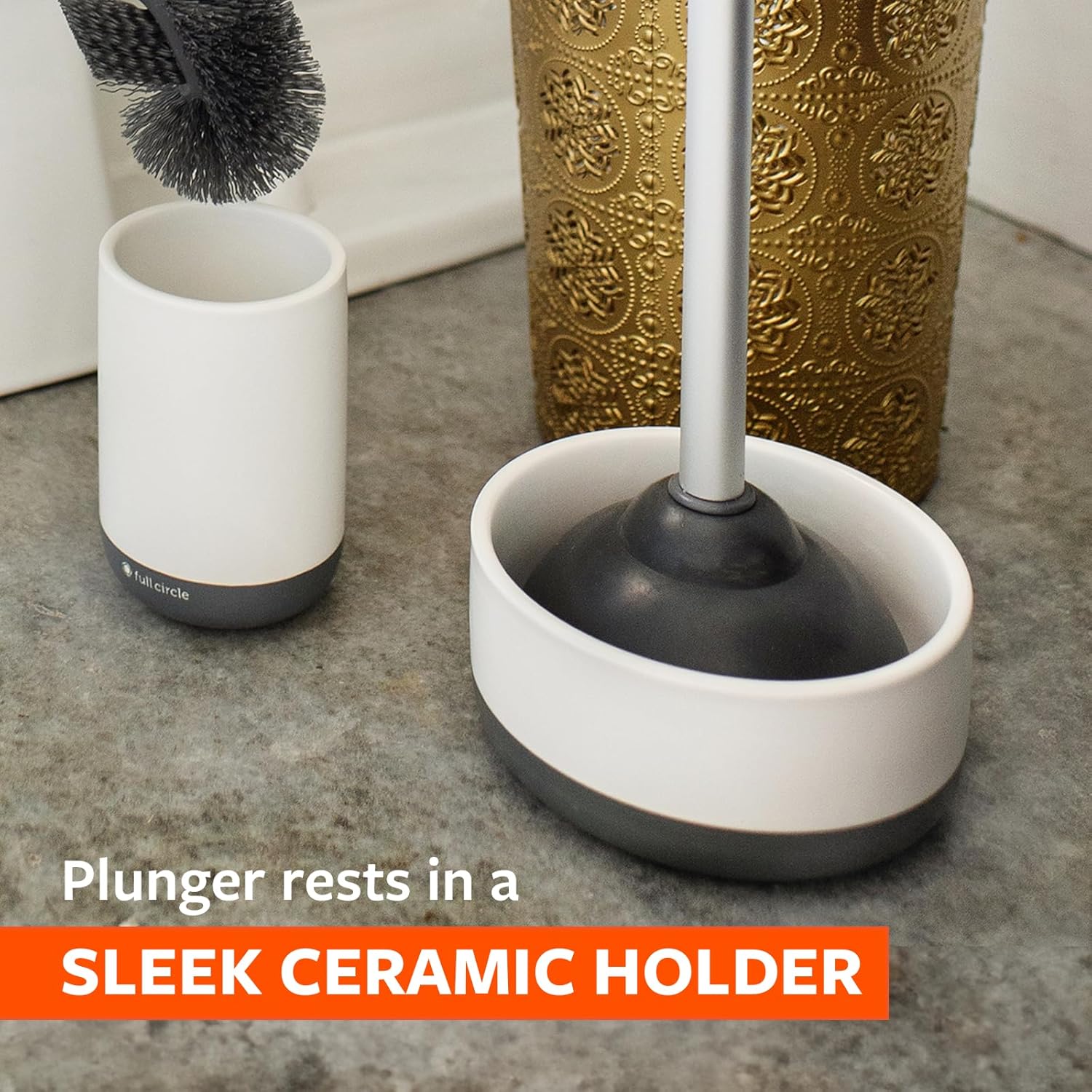 Full Circle Royal Plunge Toilet Plunger with Ceramic Holder & Diatomac