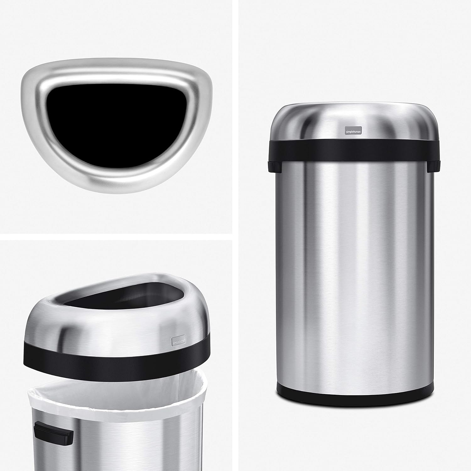 simplehuman 60L / 15.9 Gallon Semi-Round Open Top Trash Can – Brushed Stainless Steel