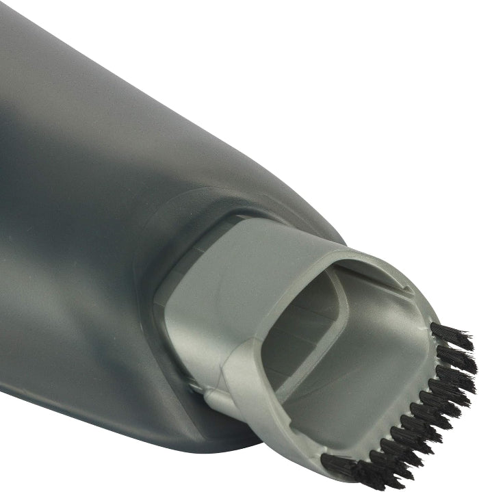Gray hair dryer nozzle with black bristle brush attachment on a white background