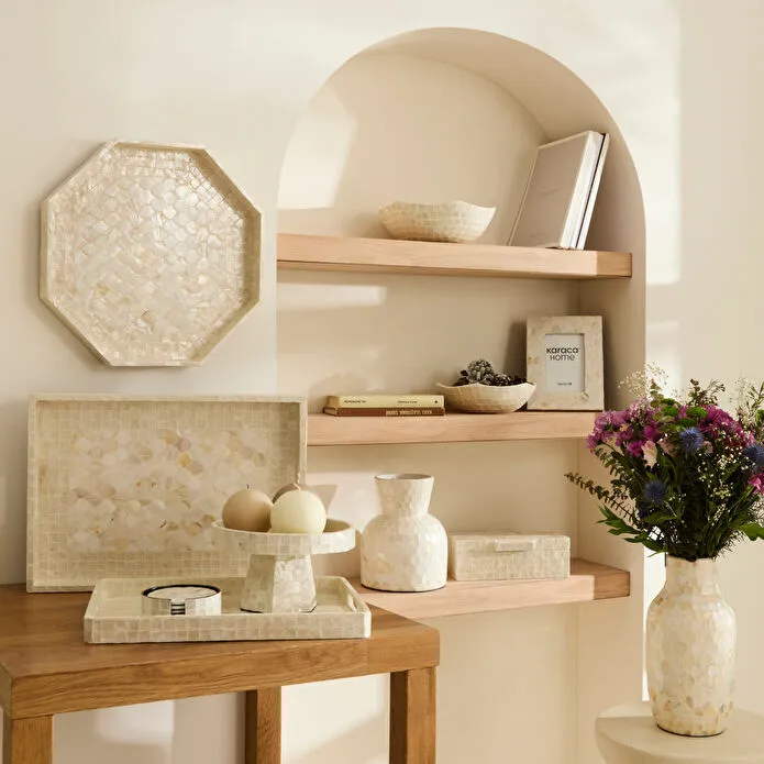 Karaca Home Carrie Hexagonal Decorative Tray 37cm Capiz Shell White Natural