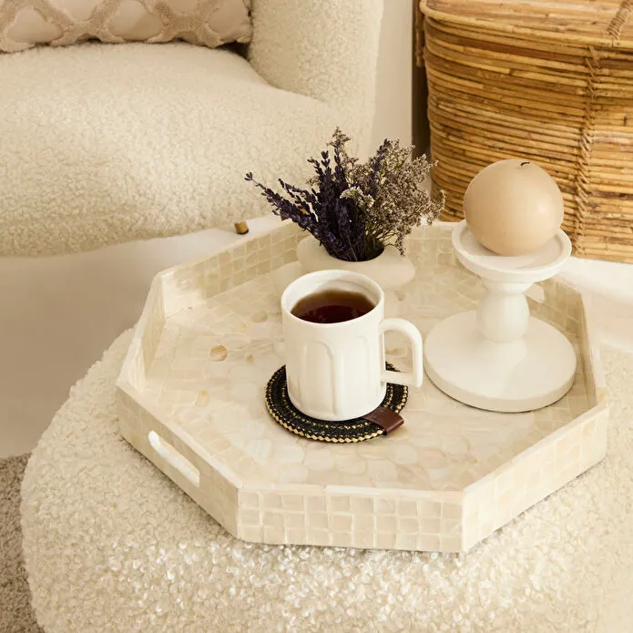 Karaca Home Carrie Hexagonal Decorative Tray 37cm Capiz Shell White Natural