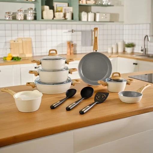 Karaca x Refika Swiss Crystal 15-Piece Cookware Set - PFAS-Free Non-Stick - Creamy