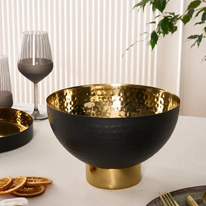 Karaca Arven Footed Decorative Bowl 18/10 Stainless Steel Black and Gold
