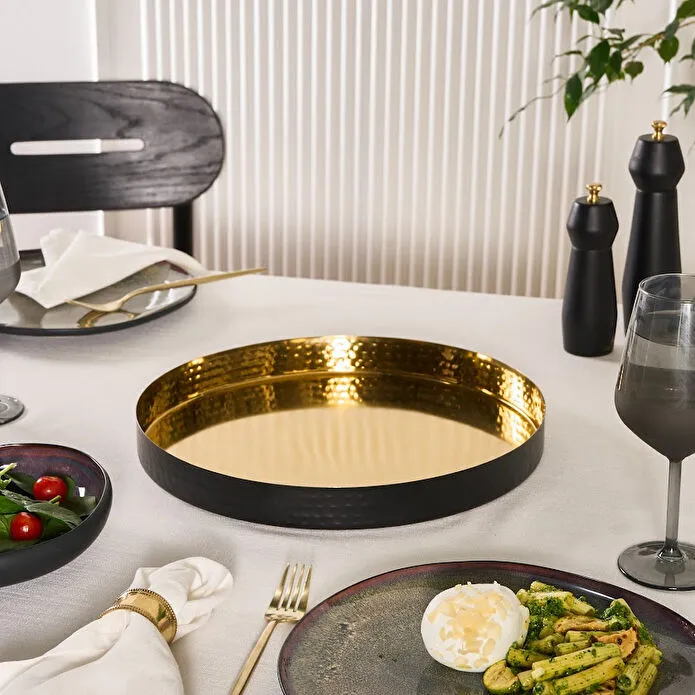 Karaca Arven Decorative Tray 35cm 18/10 Stainless Steel Matte Black and Gold