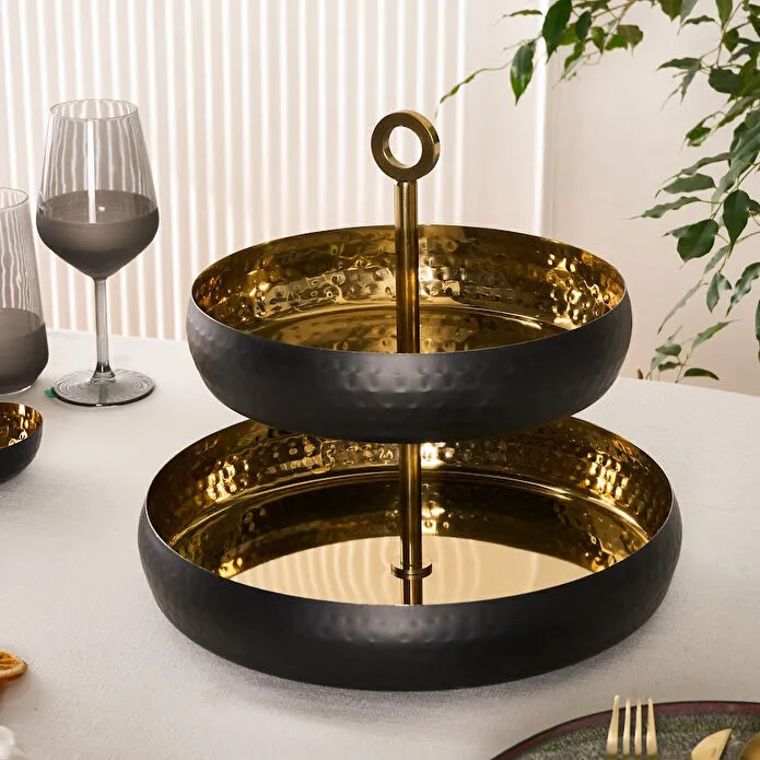 Karaca Arven 2-Tier Serving Tray Black Gold 18/10 Stainless Steel 26x32 cm