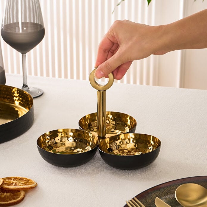 Karaca Arven 3-Compartment Snack Bowl Set Black Gold 18/10 Stainless Steel