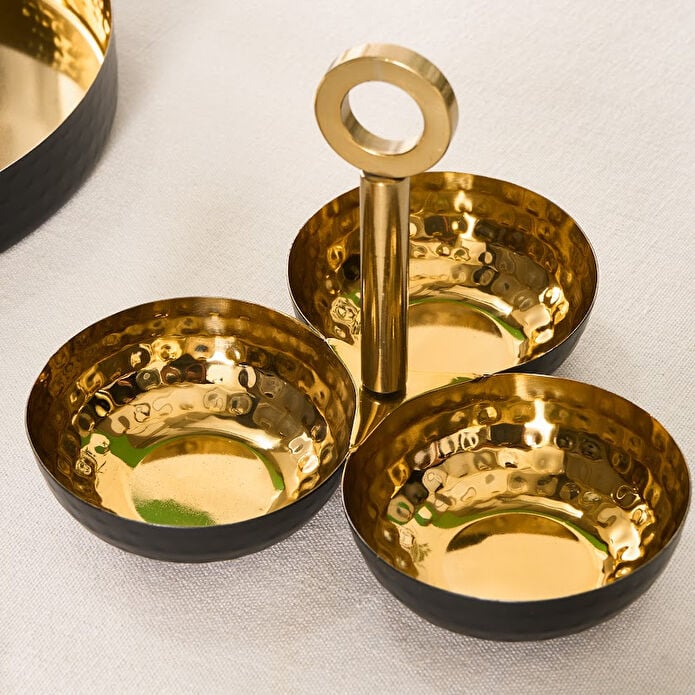 Karaca Arven 3-Compartment Snack Bowl Set Black Gold 18/10 Stainless Steel