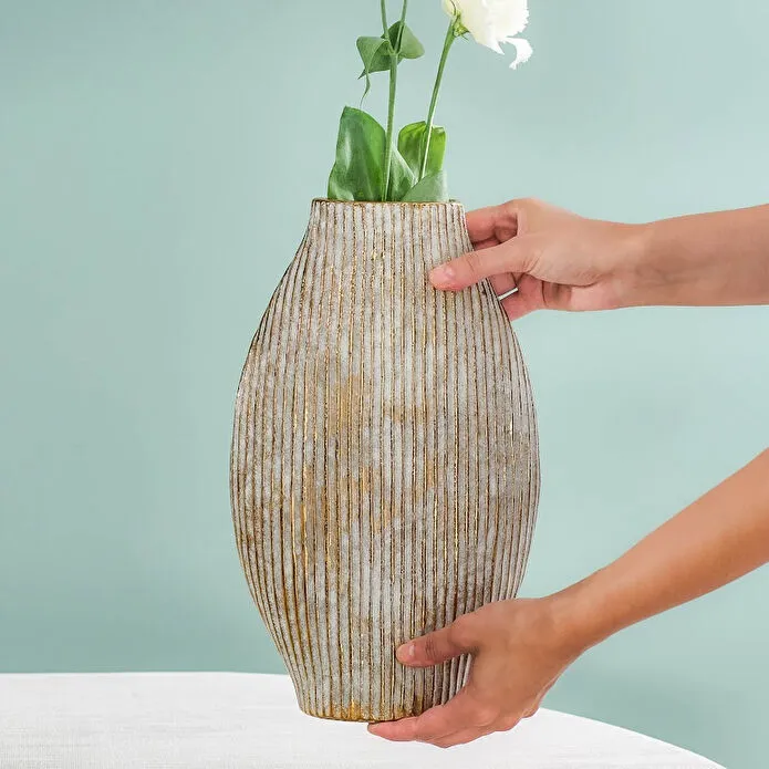 Karaca Novara Decorative Vase 44.5 cm Textured Ceramic Gold Asymmetric Large